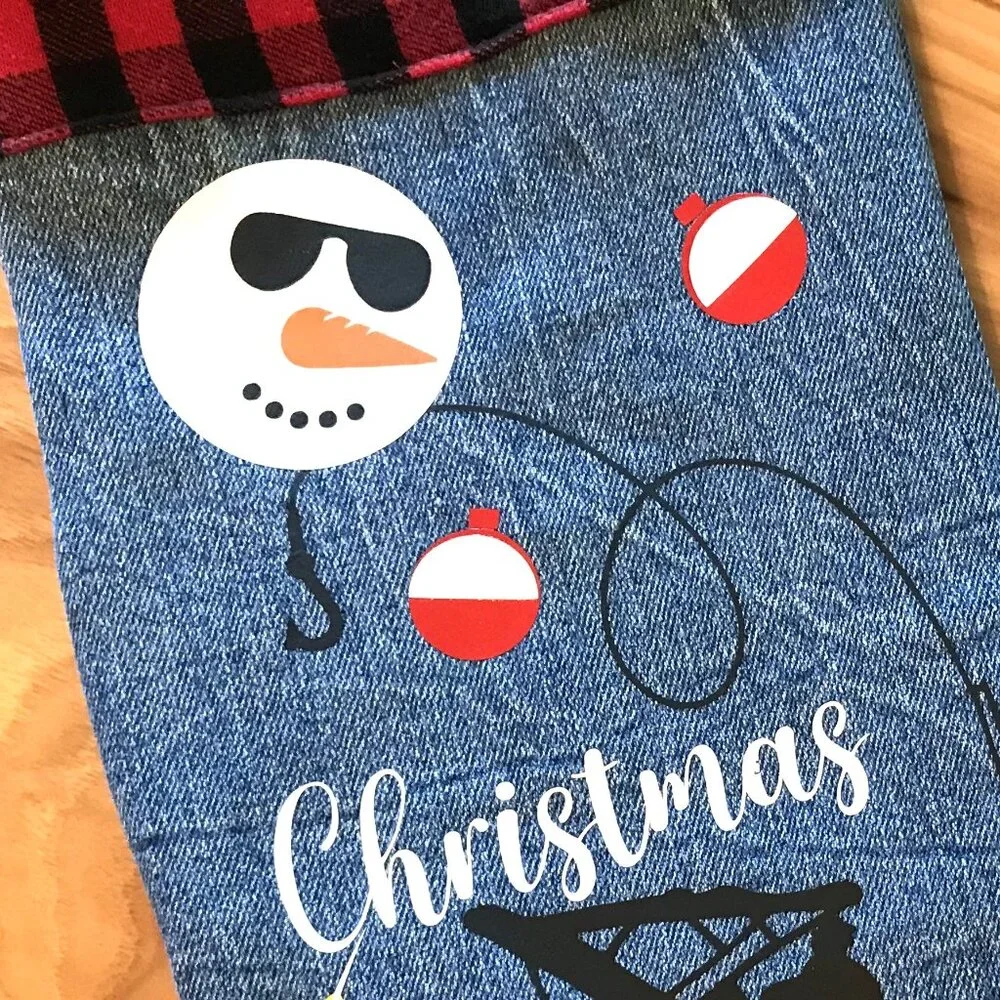 Denim Christmas Stocking, Lake House Fishing Decor Pontoon Boat Snowman